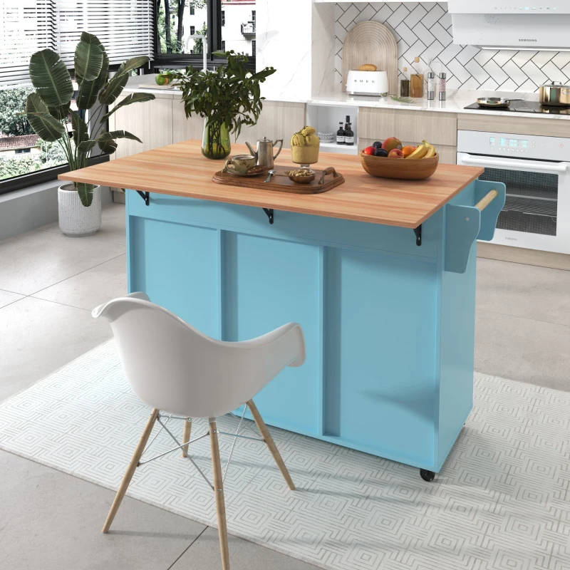Desserte de Cuisine Multifonctionnelle avec Table Rabattable, Étagères Réglables et Tiroirs, sur 5 Roues, Chariot de Rangement Cuisine, Bleu+Jaune