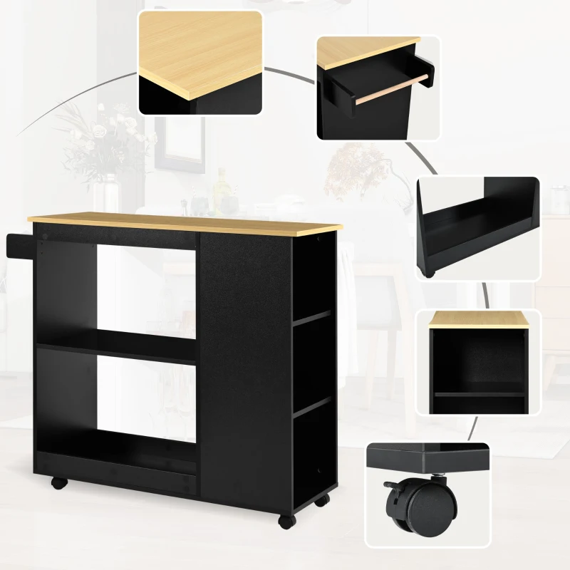 Chariot de Rangement Cuisine Multifonctionnel avec Étagères Ouvertes, Porte-Serviettes en Bois et 4 Roues Silencieuses, avec Frein, Noir