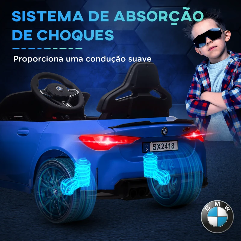 AIYAPLAY Carro Elétrico para Crianças BMW M4 12V com Controlo Remoto Faróis Buzina Música e Velocidade 3-5 km/h 108x69,5x51 cm Azul