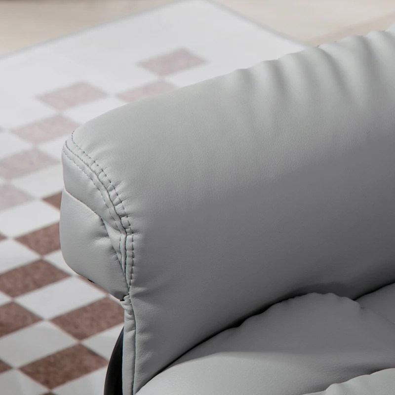 HOMCOM Faux Leather Recliner Chair and Footstool, Swivel Upholstered Armchair and Footstool with Adjustable Backrest, Solid Wood Base for Living Room, Light Grey