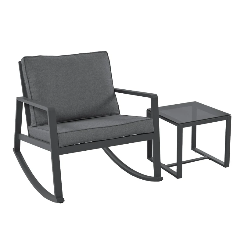 Set da giardino 3 pezzi con 2 sedie a dondolo e tavolino in vetro temperato, design ergonomico, Grigio