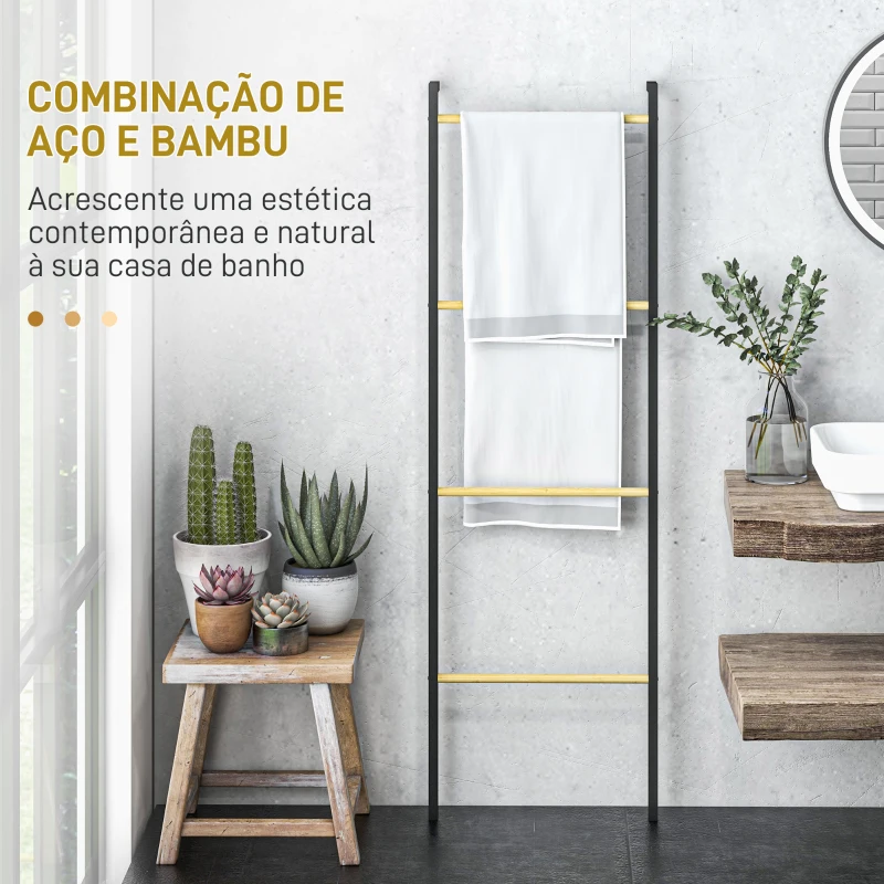 HOMCOM Toalheiro de 4 Níveis Toalheiro Casa de Banho com 4 Barras de Bambu e Estrutura de Aço 49x5,5x167,5 cm Preto e Madeira
