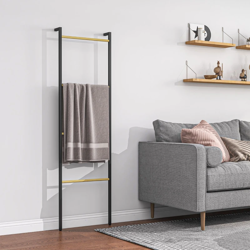 HOMCOM Toalheiro de 4 Níveis Toalheiro Casa de Banho com 4 Barras de Bambu e Estrutura de Aço 49x5,5x167,5 cm Preto e Madeira