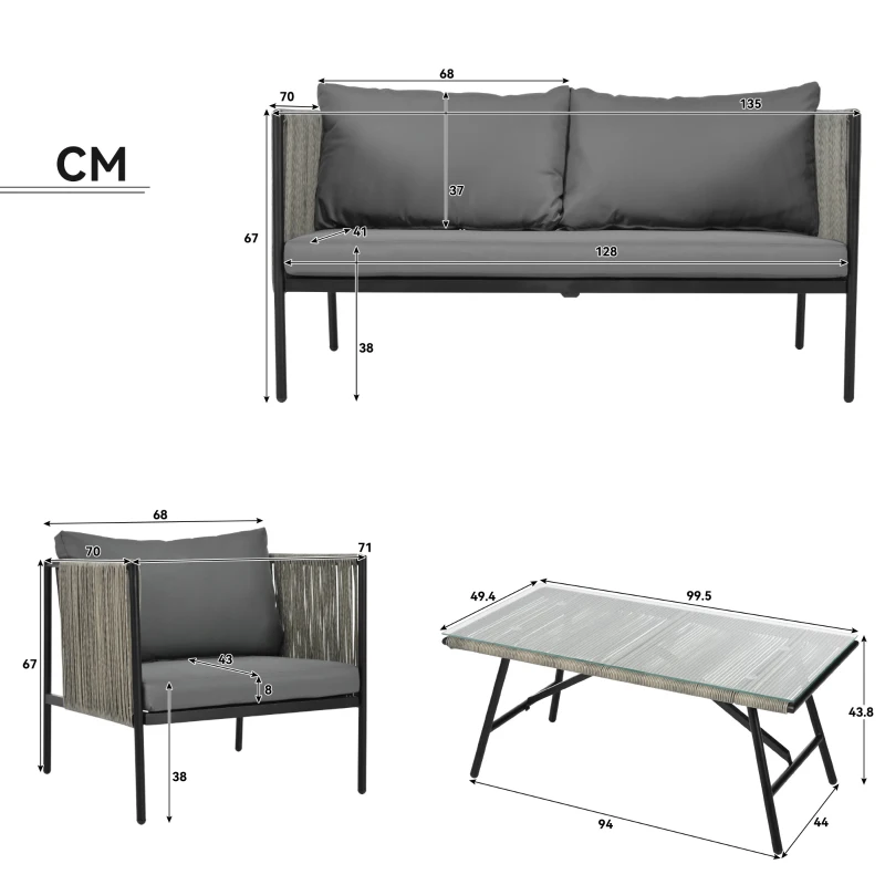 Set Salotto da Giardino Moderno in PE-Rattan e Acciaio Zincato, Include Divano a 2 Posti, 2 Poltrone e Tavolo con Piano in Vetro, Grigio