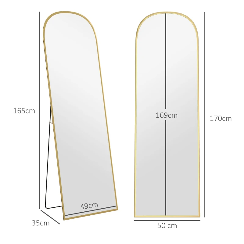 HOMCOM Espelho de Pé Espelho de Corpo Inteiro 50x170 cm com Estrutura de Liga de Alumínio e Suporte para Sala Quarto Dourado