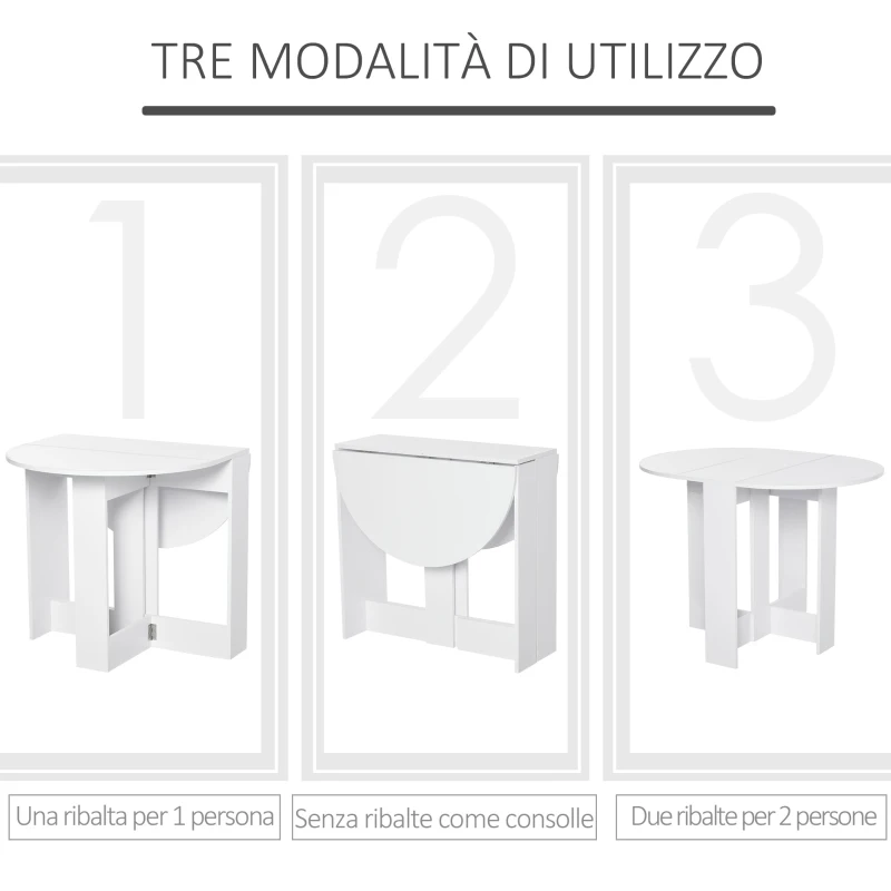 HOMCOM Tavolo Pieghevole da Pranzo a 2 Ribalte, Tavolo da Pranzo Allungabile in Legno Salvaspazio per Cucina e Soggiorno, 104x76x73.7 cm, Bianco