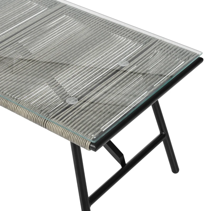 Salon de Jardin Moderne en Rotin PE et Acier Galvanisé, Canapé 2 Places, 2 Fauteuils et une Table avec Plateau en Verre, Coussins Inclus, Gris