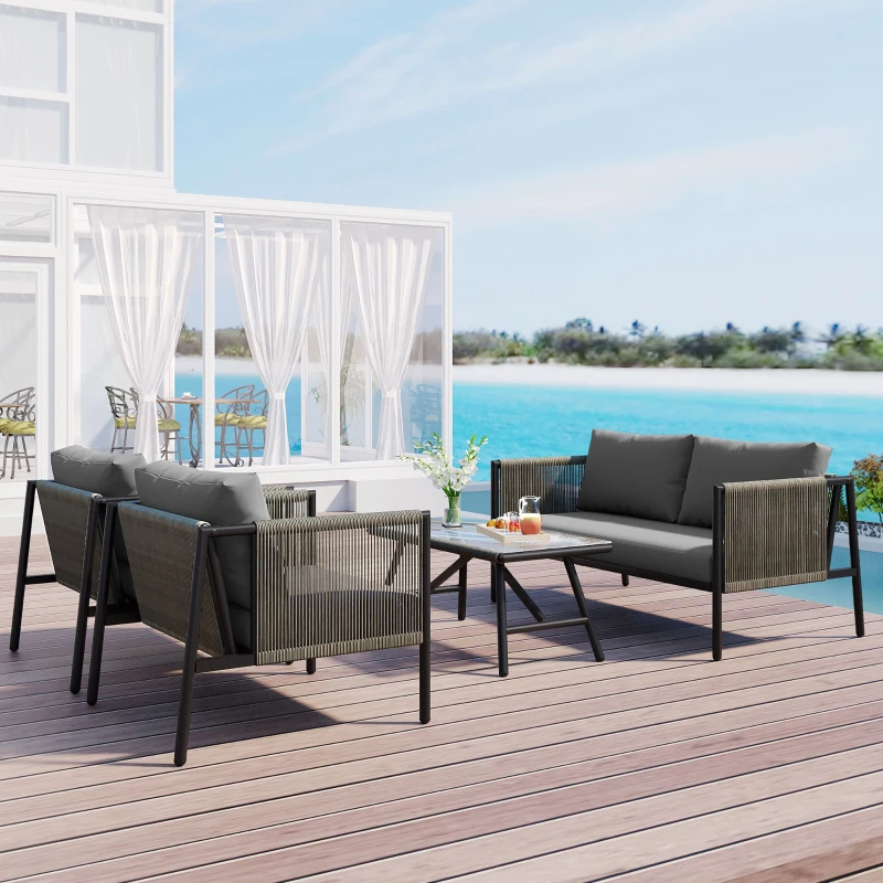 Set Salotto da Giardino Moderno in PE-Rattan e Acciaio Zincato, Include Divano a 2 Posti, 2 Poltrone e Tavolo con Piano in Vetro, Grigio