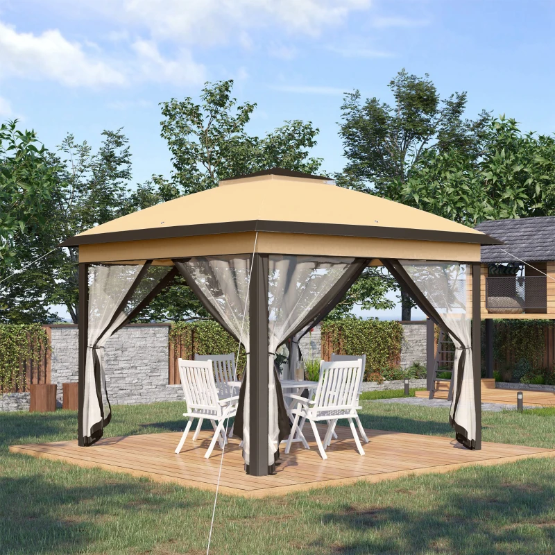 Outsunny Pérgola Dobrável Exterior com Altura Ajustável Teto Duplo  4 Mosquiteiras Removíveis e Bolsa de Transporte 3,3x3,3 m Bege