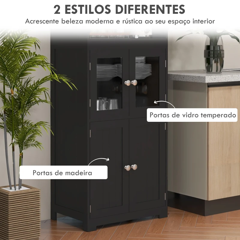 HOMCOM Armário de Cozinha com 2 Portas de Vidro Temperado 2 Prateleiras Abertas e Armário com Prateleira Ajustável 60x30x162 cm Preto