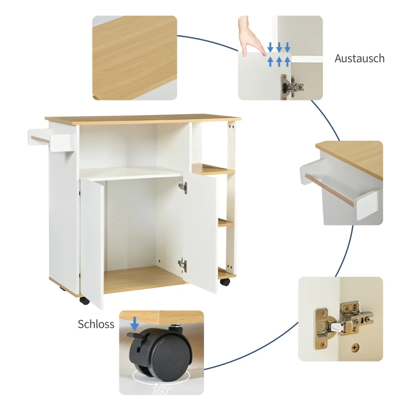 Carrello da cucina moderno e minimalista con mobile da cucina per microonde e ruote piroettanti a 360°, 105x38x89,5 cm, Bianco