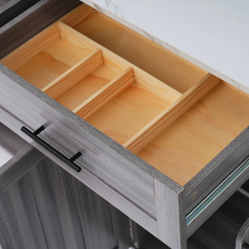 Carrello da Cucina Multifunzione con Tavolo Ribaltabile, Ripiani Interni e 5 Ruote, 2 Cassetti e Mobiletto Salvaspazio, 129x71x91,5 cm, Grigio