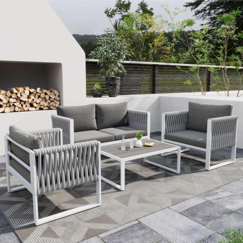 Salon de Jardin Moderne en Fer Zingué et Corde avec Coussins, Composé d'un Canapé Double, Deux Fauteuils et une Table WPC, Pieds Réglables, Blanc+gris