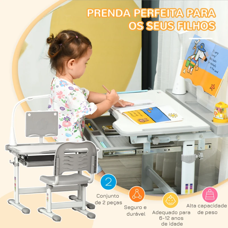 HOMCOM Conjunto de Secretária e Mesa para Crianças acima de 6 Anos com Altura Ajustável Mesa Inclinável e Lâmpada Cinza