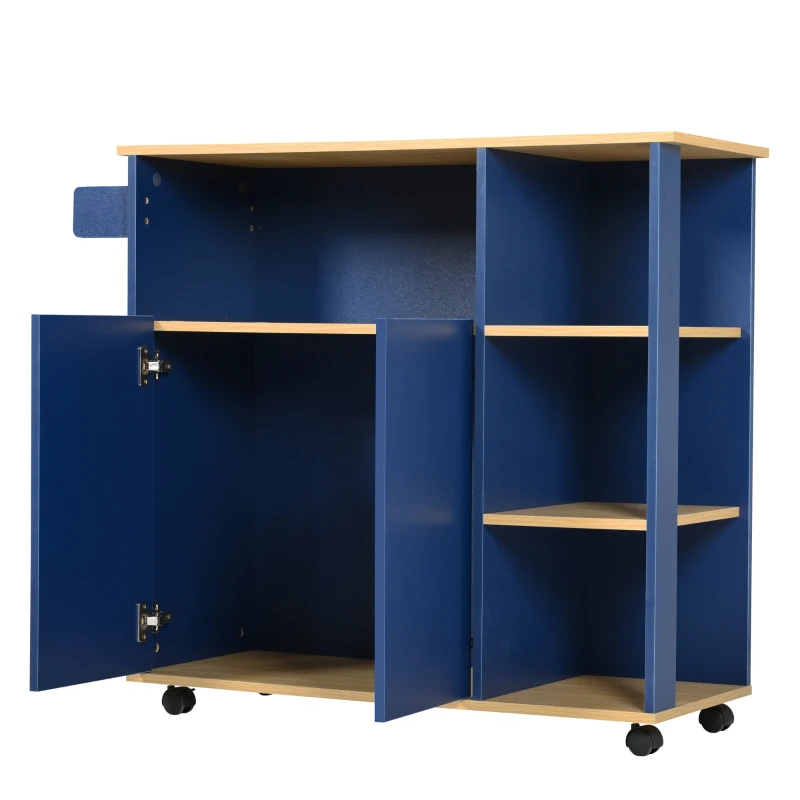 Chariot de Rangement Cuisine Minimaliste Moderne avec Étagères Ouvertes et Roues Pivotantes à 360°, avec Plateau en Bois Veiné, Bleu Marine