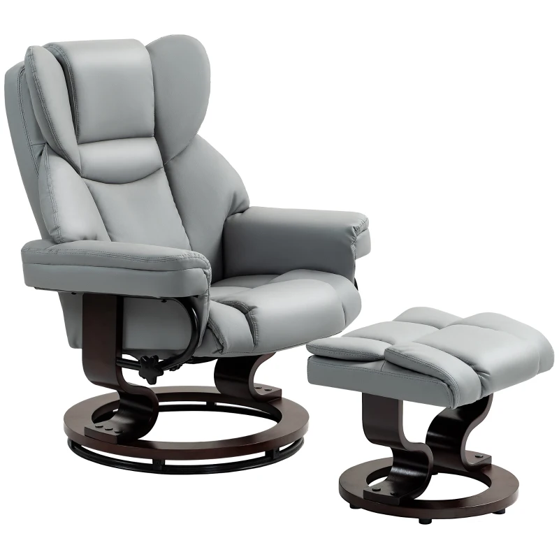 HOMCOM Faux Leather Recliner Chair and Footstool, Swivel Upholstered Armchair and Footstool with Adjustable Backrest, Solid Wood Base for Living Room, Light Grey