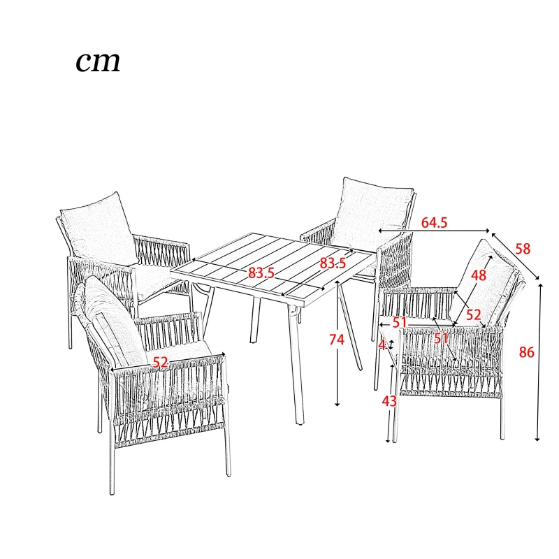 Ensemble Repas Jardin en PE-Rattan et Fer Zingué, 5 Pièces : 4 Chaises avec Coussins Inclus et 1 Table , Table avec Plateau en WPC, Gris