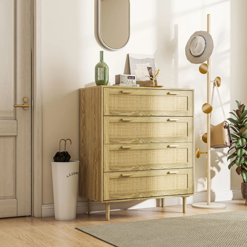 HOMCOM Comodă cu 4 Sertare în Stil Boho, Comodă din Lemn și Ratan pentru Dormitor și Hol, 90x45x108,5 cm, Stejar(m-7)