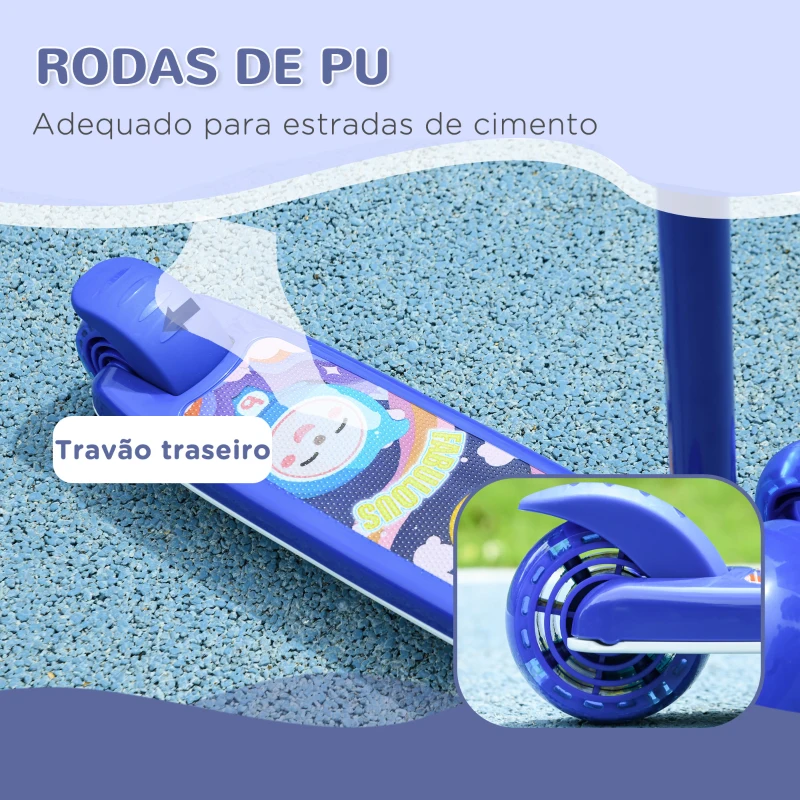 AIYAPLAY Trotinete para Crianças Trotinete com 3 Rodas LED Altura Ajustável Carga 25 kg 52x29x63-76 cm Azul