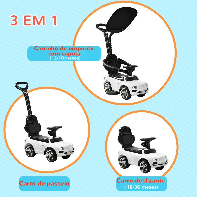 AIYAPLAY Carro Andador 3 em 1 com Licença Bentley Bentayga Carro Andador para Bebés com Guiador e Capô Desmontáveis Branco