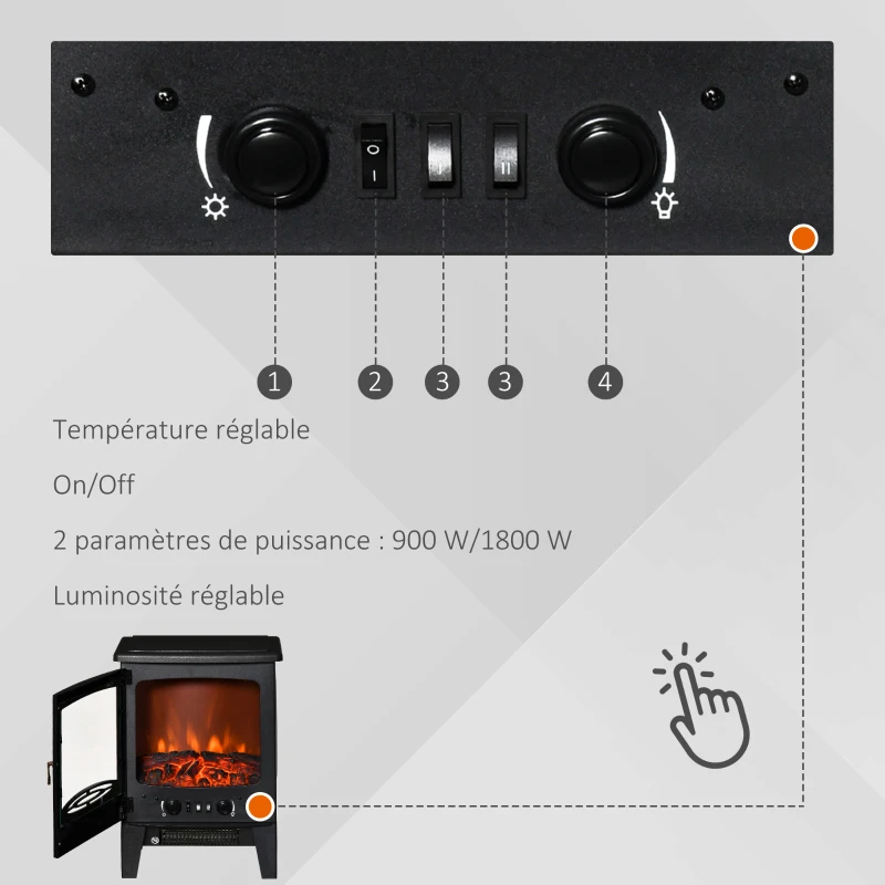 HOMCOM Cheminée électrique poêle Style néo-rétro 900-1800 W Simulation Flammes LED luminosité réglable Acier ABS Noir