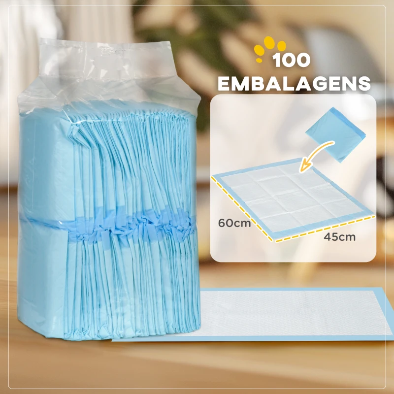 PawHut Resguardos de Treino Animais de Estimação 100 Unidades 45x60 cm Resguardos Absorventes para Cães com 6 Camadas Azul