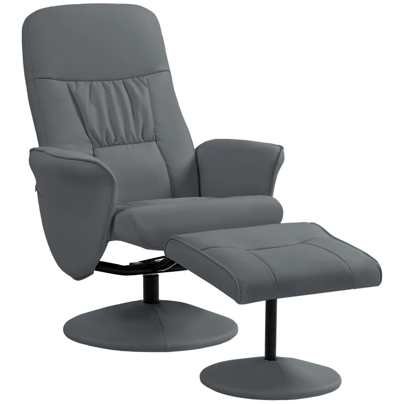 HOMCOM Swivel Recliner Chair with Footstool, PU Leather Armchair and Ottoman with High Back and Round Base for Living Room, Grey