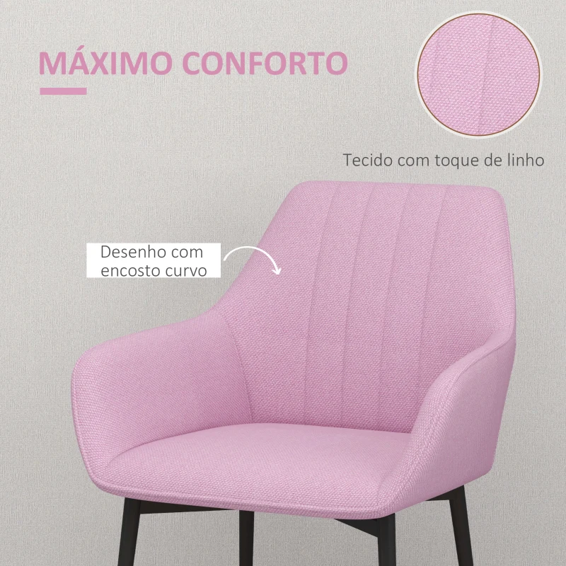 HOMCOM Conjunto de 2 Cadeiras de Sala de Jantar Estofadas em Linho com Encosto e Pés de Metal 59,5x56,5x81 cm Rosa