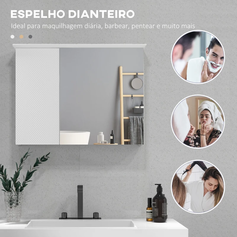 HOMCOM Armário Casa de Banho com Espelho Prateleira Ajustável Móvel Casa de Banho Estilo Moderno 65x15x49 cm Branco