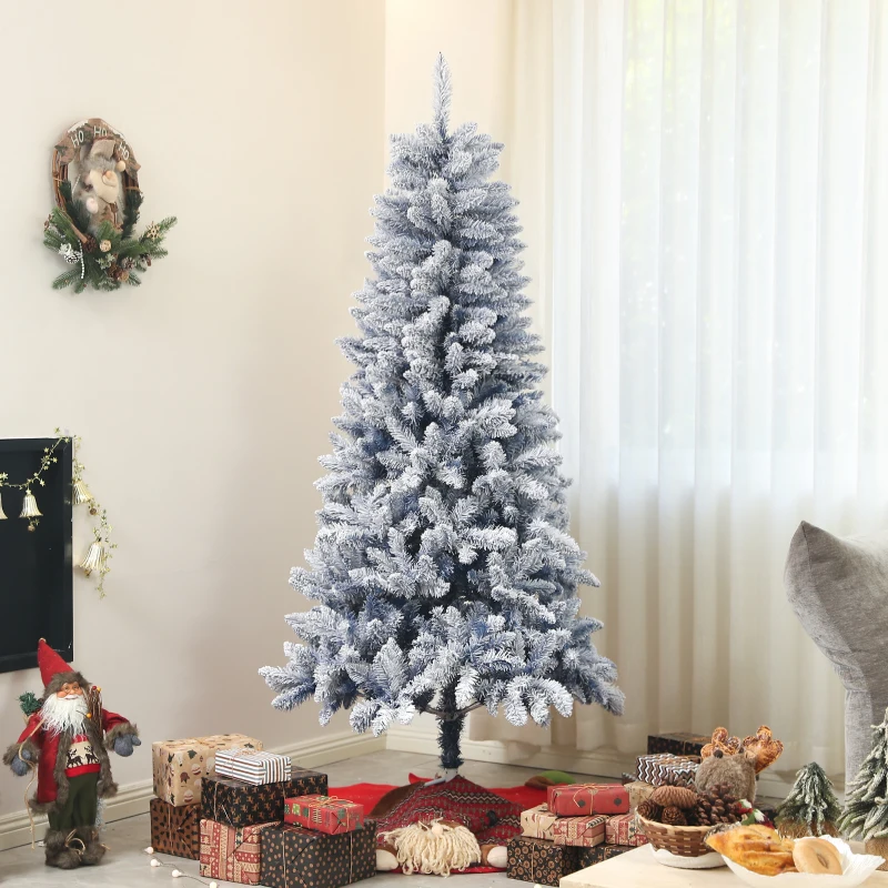 HOMCOM 6ft Flocked Artificial Christmas Tree with 700 Snow Frosted Tips, Metal Stand, Snowy Hinged Xmas Tree, Blue