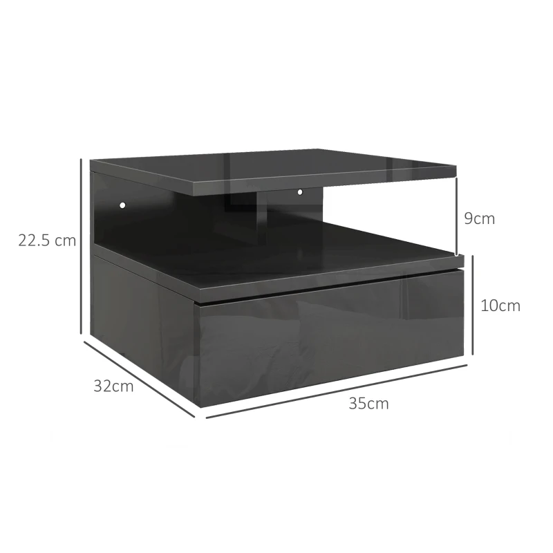HOMCOM Set de 2 Noptiere Moderne Suspendate pentru Dormitor cu Sertar și Raft, 35x32x22,5 cm, Negru Lucios