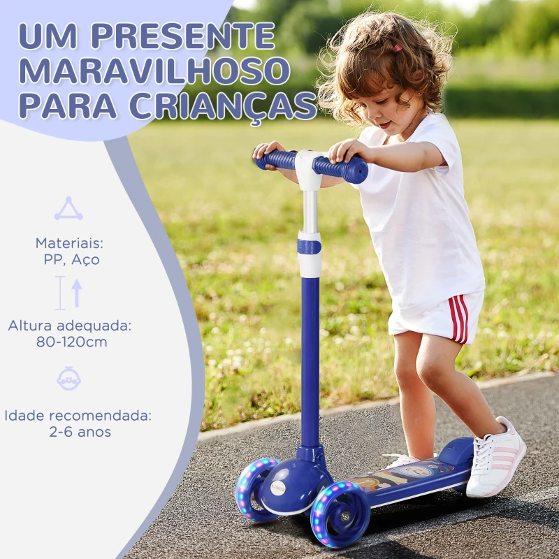 AIYAPLAY Trotinete para Crianças Trotinete com 3 Rodas LED Altura Ajustável Carga 25 kg 52x29x63-76 cm Azul