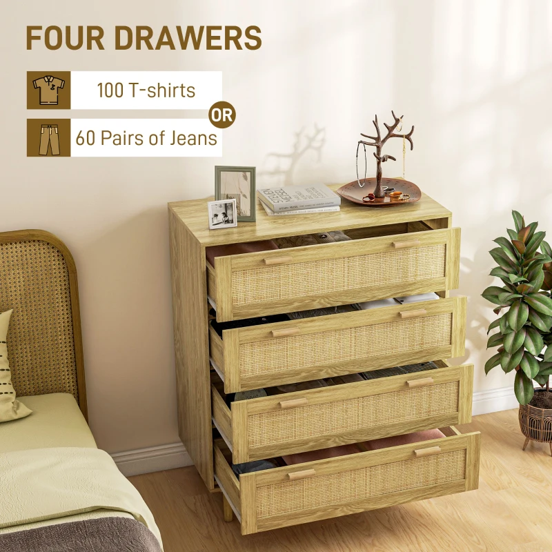 HOMCOM Comodă cu 4 Sertare în Stil Boho, Comodă din Lemn și Ratan pentru Dormitor și Hol, 90x45x108,5 cm, Stejar(m-5)