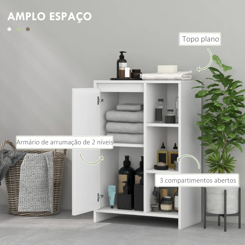 HOMCOM Móvel Auxiliar de Casa de Banho Armário Casa de Banho com Prateleiras Abertas Porta e Prateleira Ajustável 53x30x80 cm Branco