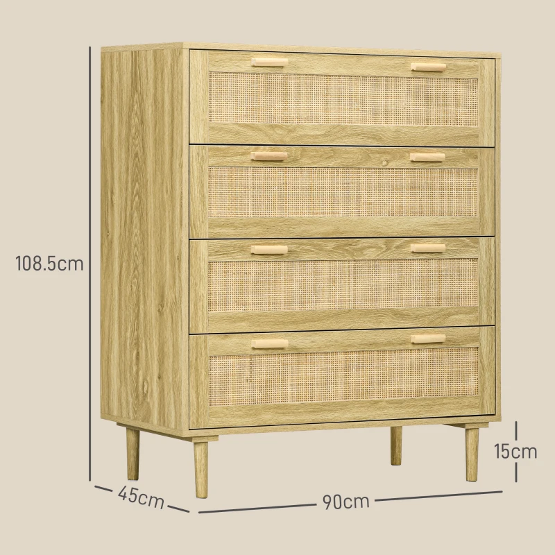 HOMCOM Comodă cu 4 Sertare în Stil Boho, Comodă din Lemn și Ratan pentru Dormitor și Hol, 90x45x108,5 cm, Stejar(m-3)