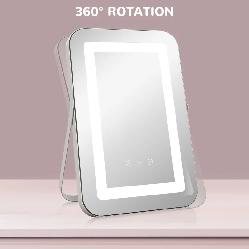 HOMCOM Oglindă de Machiaj LED cu Lumini Reglabile pe 3 Culori, USB și Oglindă de Mărire Rotativă, 31x41,5x3 cm, Alb