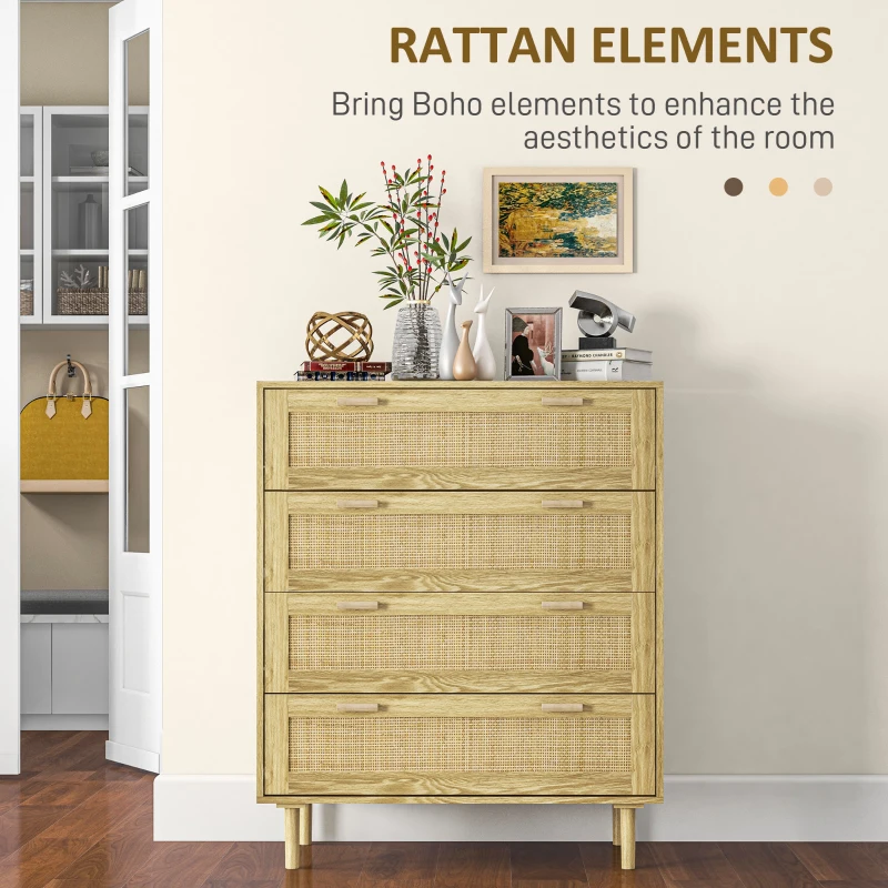 HOMCOM Comodă cu 4 Sertare în Stil Boho, Comodă din Lemn și Ratan pentru Dormitor și Hol, 90x45x108,5 cm, Stejar(m-4)