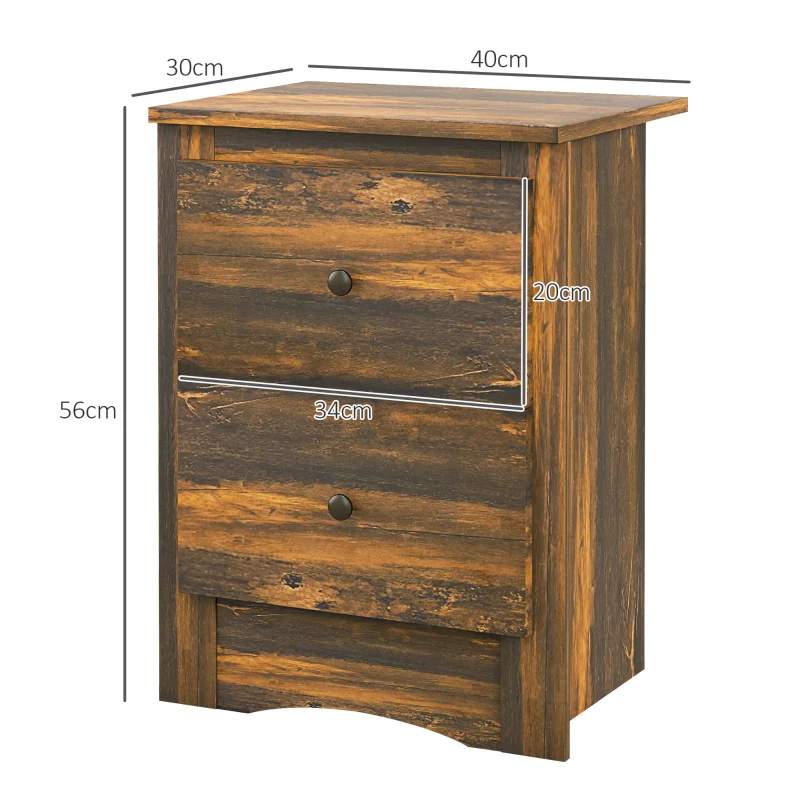 HOMCOM Noptieră cu 2 Sertare în Stil Rustic, Noptieră pentru dormitor din Lemn, 40x30x56 cm, Maro