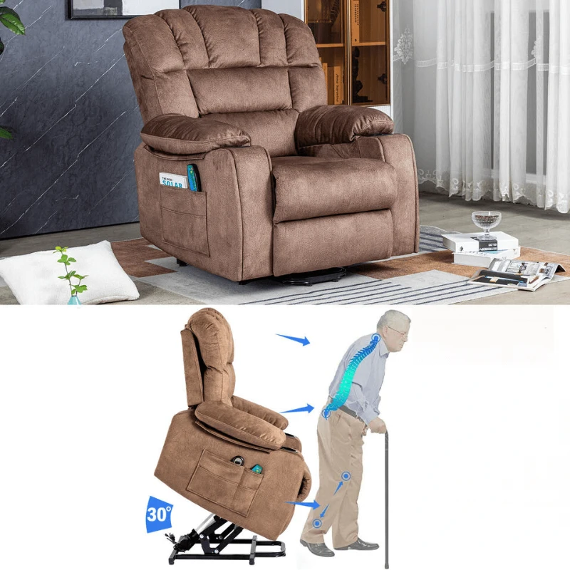 Fauteuil de massage électrique de luxe pour seniors, inclinable, chauffant, avec porte-gobelet, poches, télécommande et pédale,  idéal pour salon et chambre, Marron