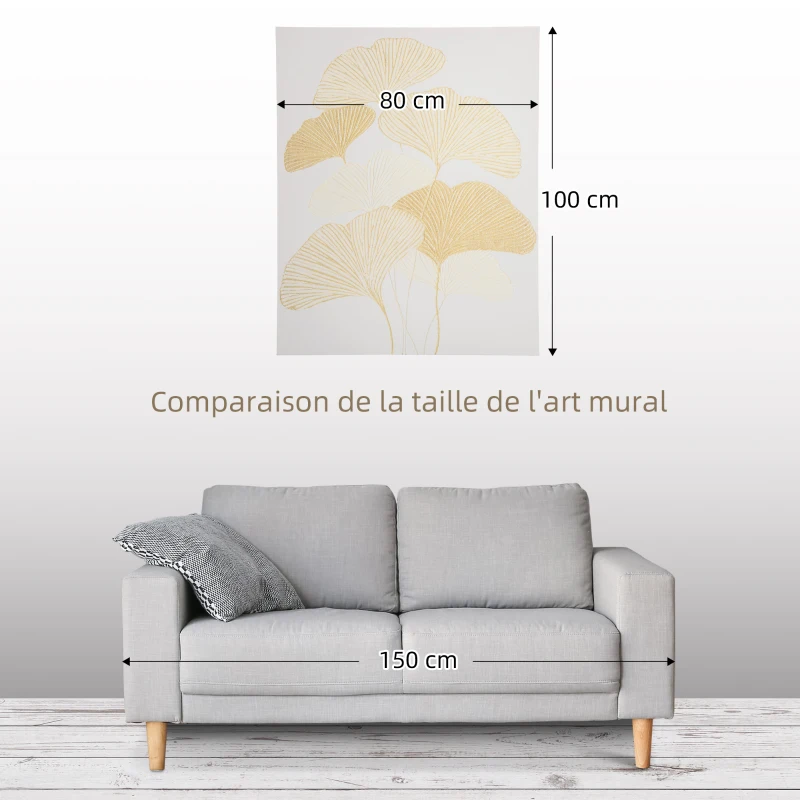 HOMCOM Tableau sur toile feuilles ginkgo doré - décoration murale - dim. 100L x 80l cm