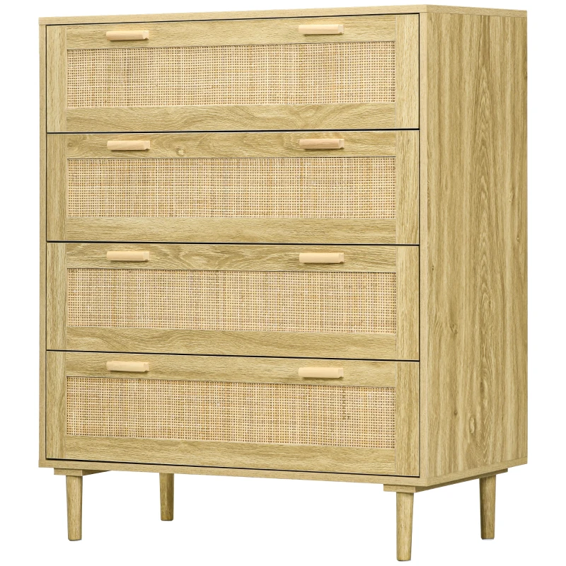 HOMCOM Comodă cu 4 Sertare în Stil Boho, Comodă din Lemn și Ratan pentru Dormitor și Hol, 90x45x108,5 cm, Stejar(m-10)