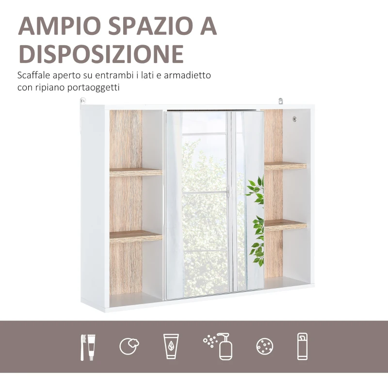 HOMCOM Armadietto con Specchio in MDF e Truciolato con 3 Ripiani Laterali e Ripiano Regolabile Interno, 60x14.5x49.4 cm