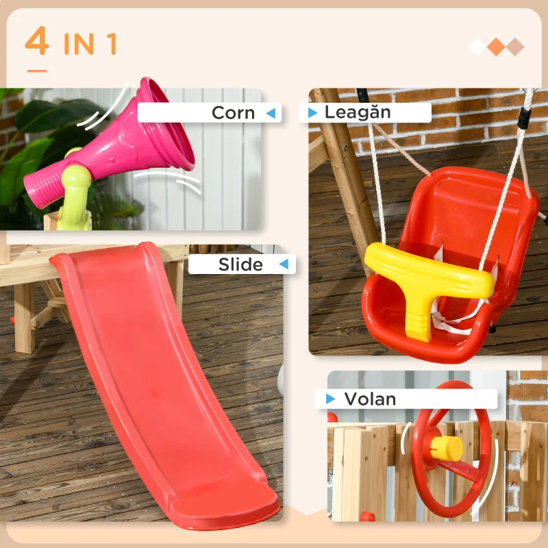 Outsunny Set Tobogan pentru Copii cu Leagăn de Grădină, Volan și Corn Sonor, 170x200x118 cm, Roșu