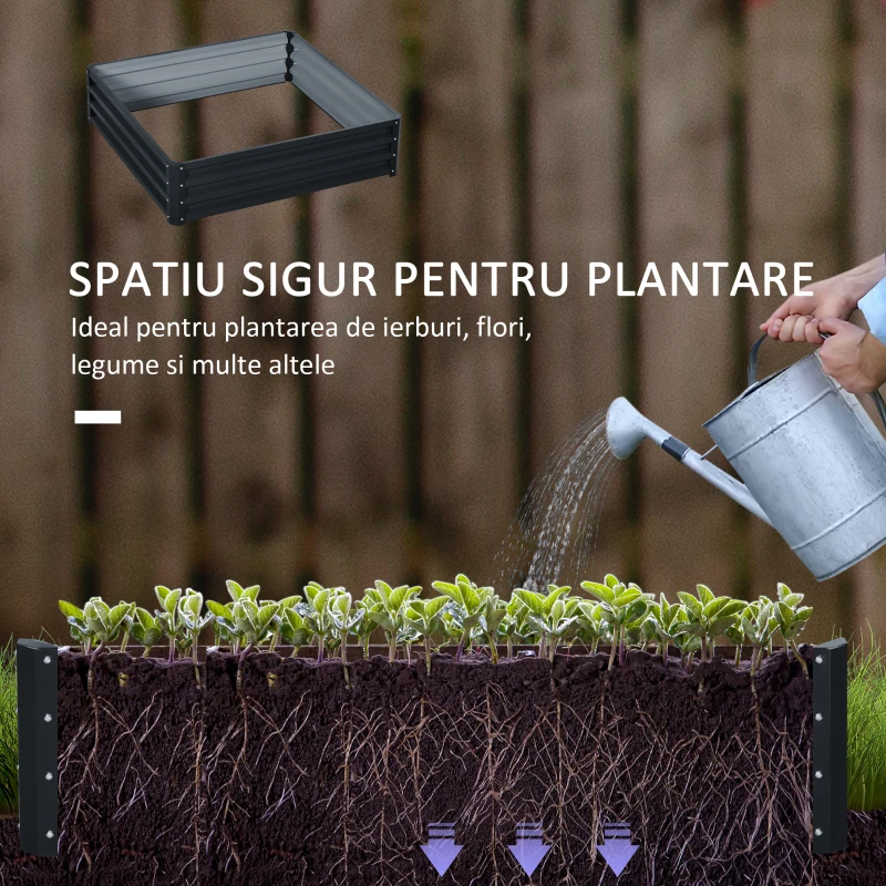 Outsunny Pat de Gradina Inaltat Galvanizat de 120x120x30cm, Jardiniera Pat Inaltat cu Cadru din Otel pentru Legume, Flori, Plante si Plante Aromatice, Gri