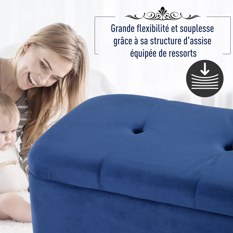 HOMCOM Banc de rangement, bout de lit, coffre de rangement, repose-pieds en velours côtelé avec couvercle, pour salon, chambre, entrée, 117 x 44 x 50 cm, bleu