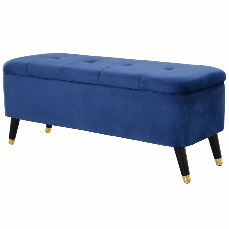 HOMCOM Banc de rangement, bout de lit, coffre de rangement, repose-pieds en velours côtelé avec couvercle, pour salon, chambre, entrée, 117 x 44 x 50 cm, bleu