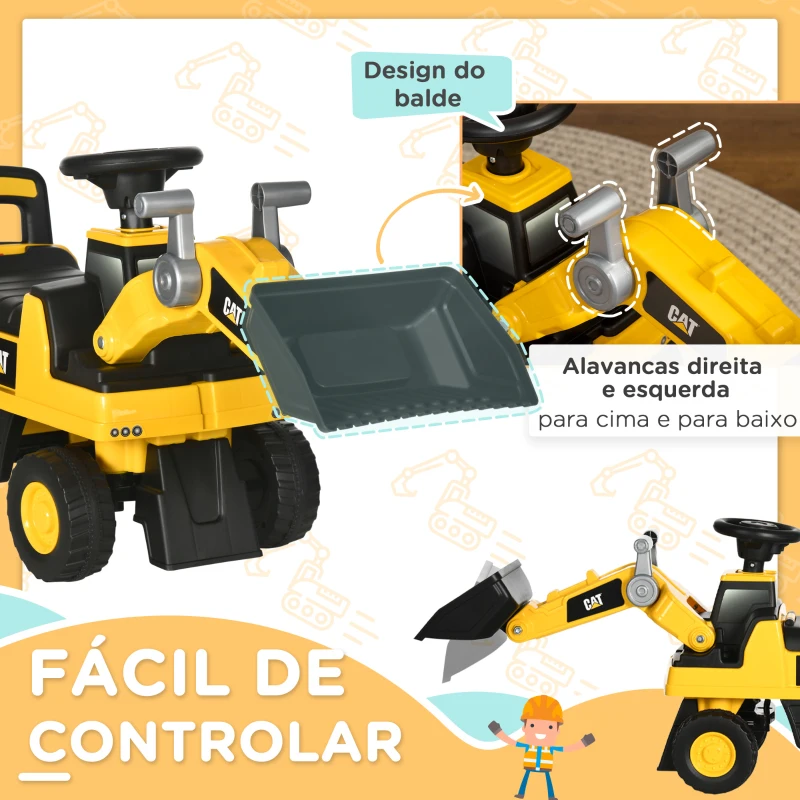 HOMCOM Escavadora com Licença Caterpillar Carro Andador Escavadora para Crianças com Pá Dianteira e Buzina 78x29,5x54 cm Amarelo