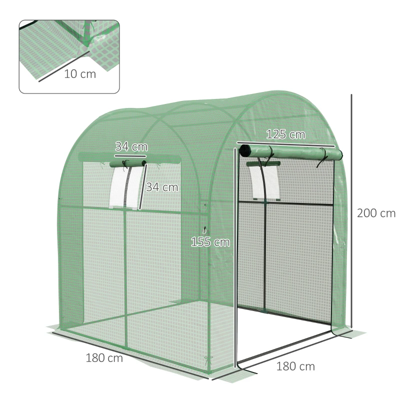 Outsunny Seră Tip Tunel din Polietilenă Cu Uși și Ferestre din Plasă, Cort cu Capac din PE și Cadru de Oțel, Verde 1,8x1,8x2 m