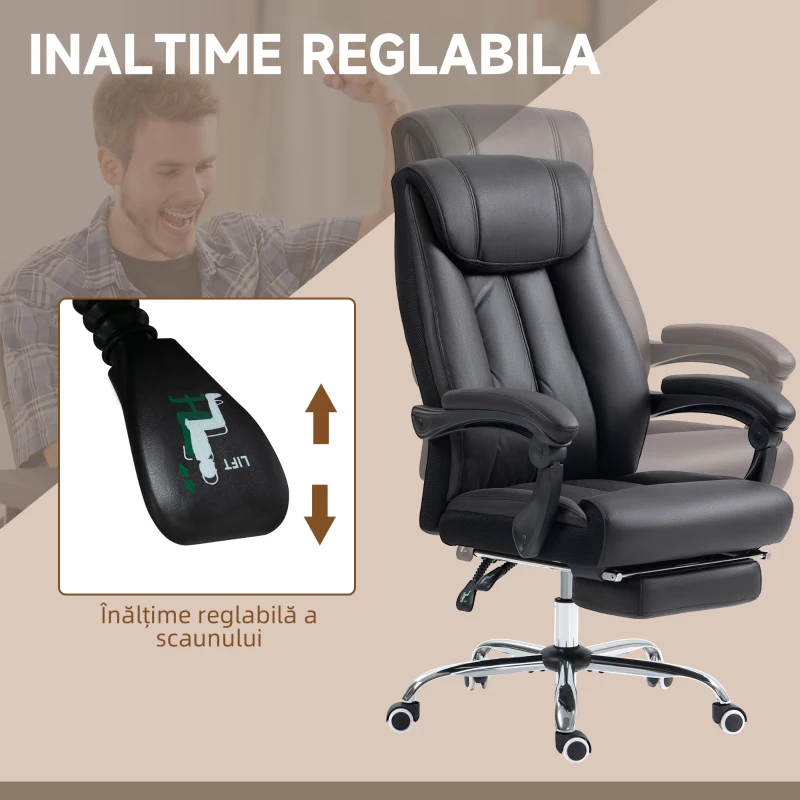 HOMCOM Scaun de Birou Rabatabil cu Suport pentru Picioare și Înălțime Reglabilă, 66x70x111-119 cm, Negru