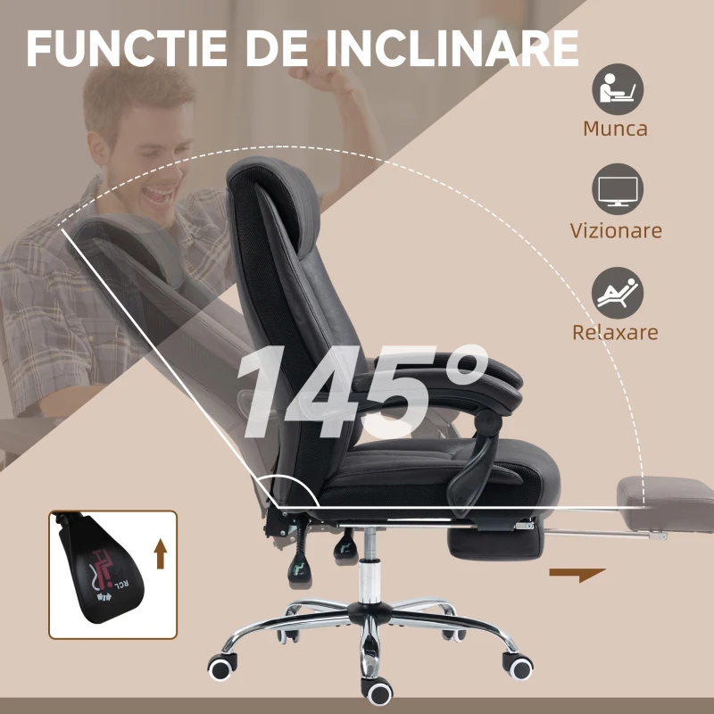 HOMCOM Scaun de Birou Rabatabil cu Suport pentru Picioare și Înălțime Reglabilă, 66x70x111-119 cm, Negru